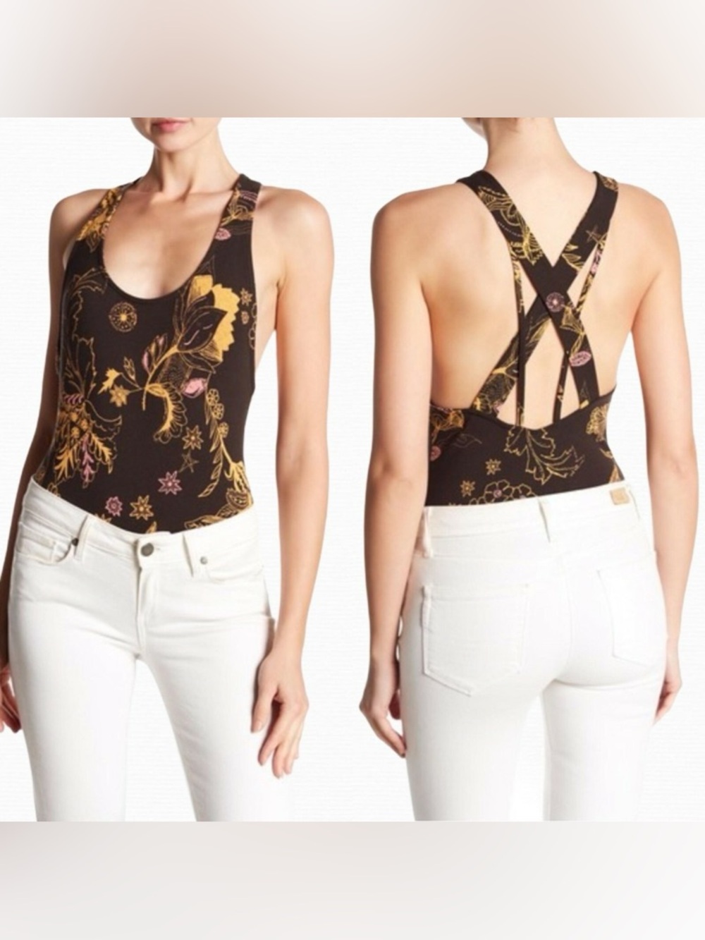 Free People Something Pretty Black Pink Gold Floral Bodysuit Size XSmall